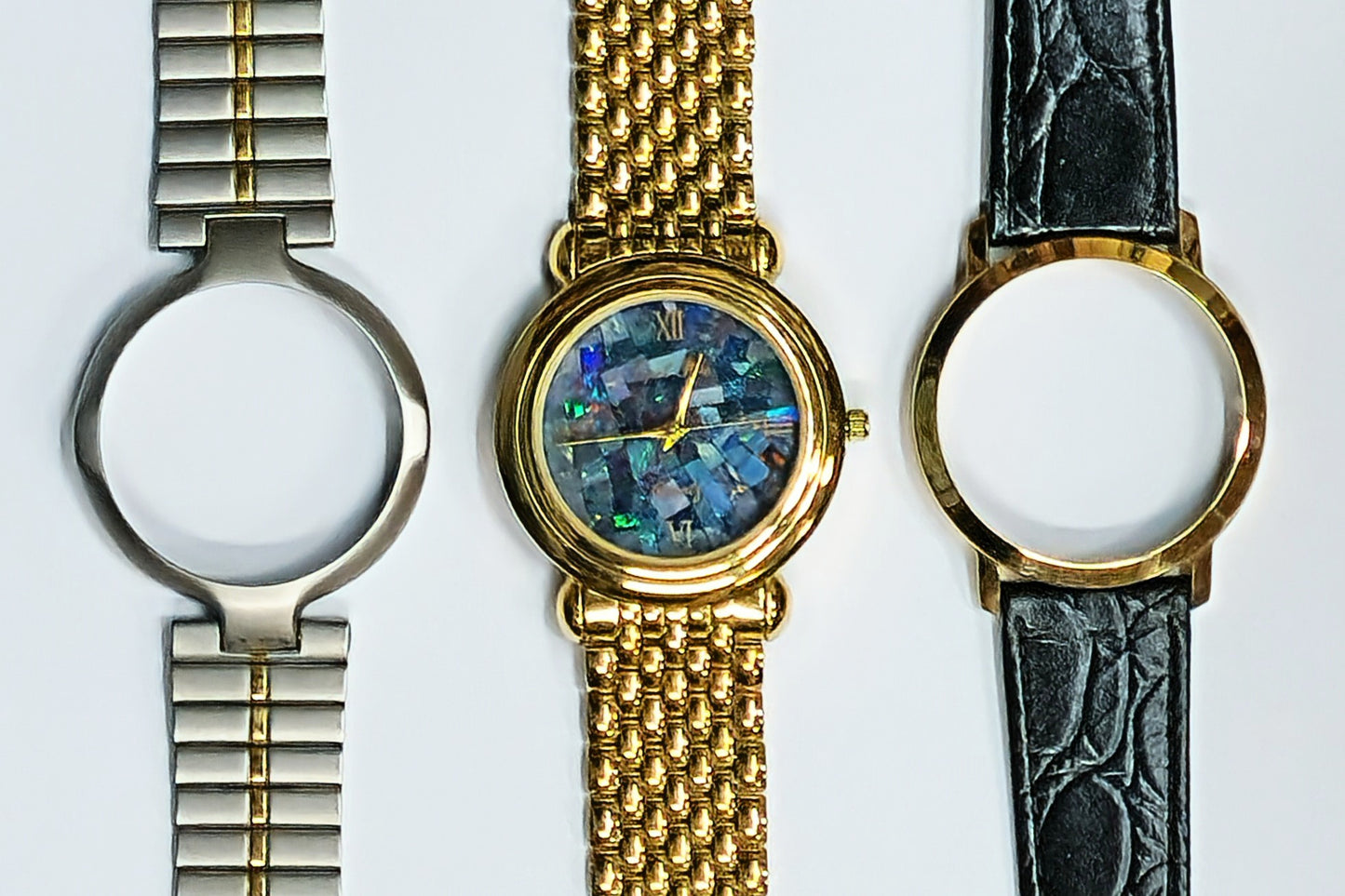 04079.0 - "Opal Fire" His & Hers Opal Faced Watch Natural Australian Opal A special feature is the gents watch with 3 interchangeable bands