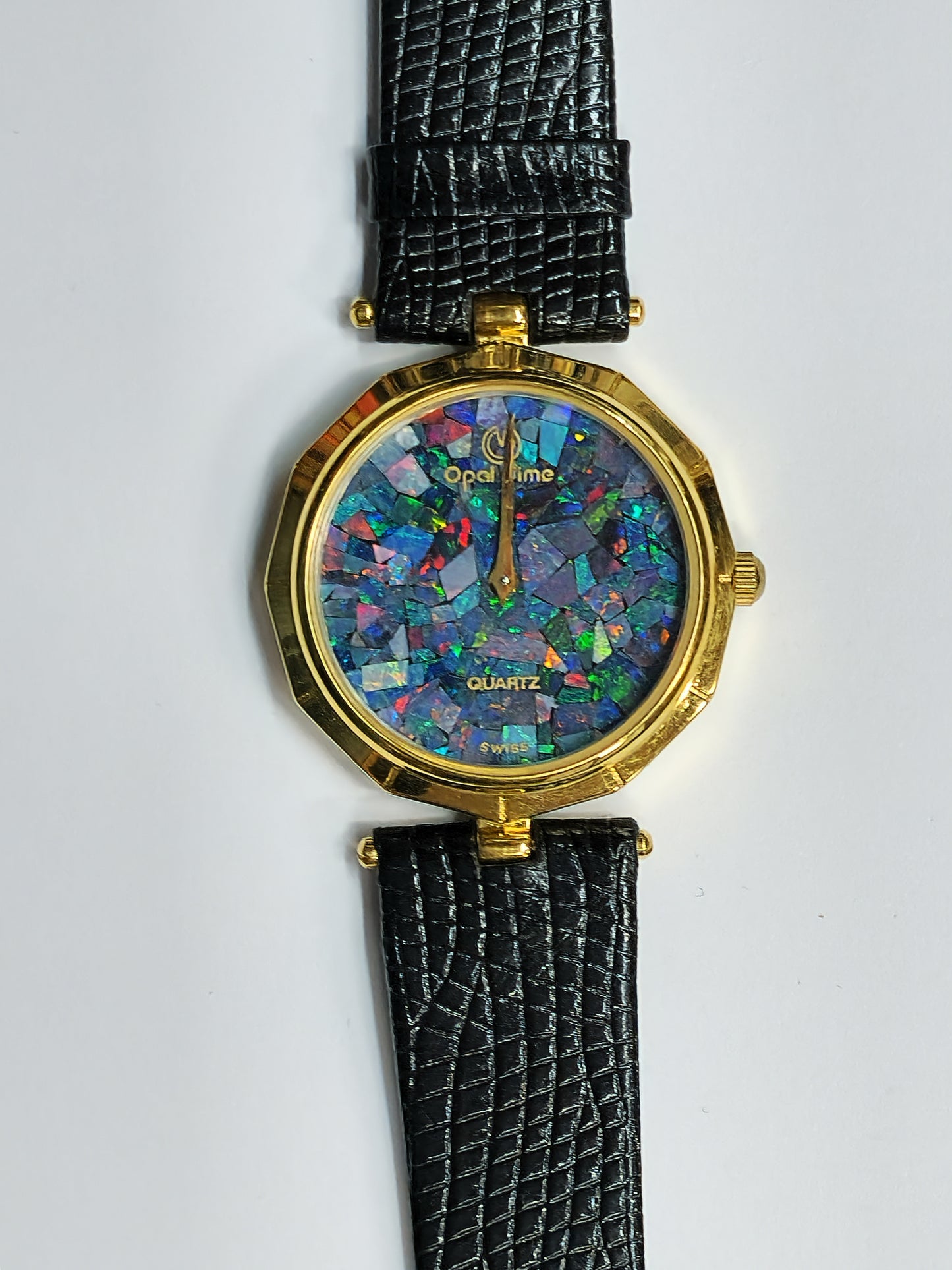 03680.0 - "Opal Time" Watch Natural Australian Opal No numbers No seconds hand Gold color Black leather band Japanese movement