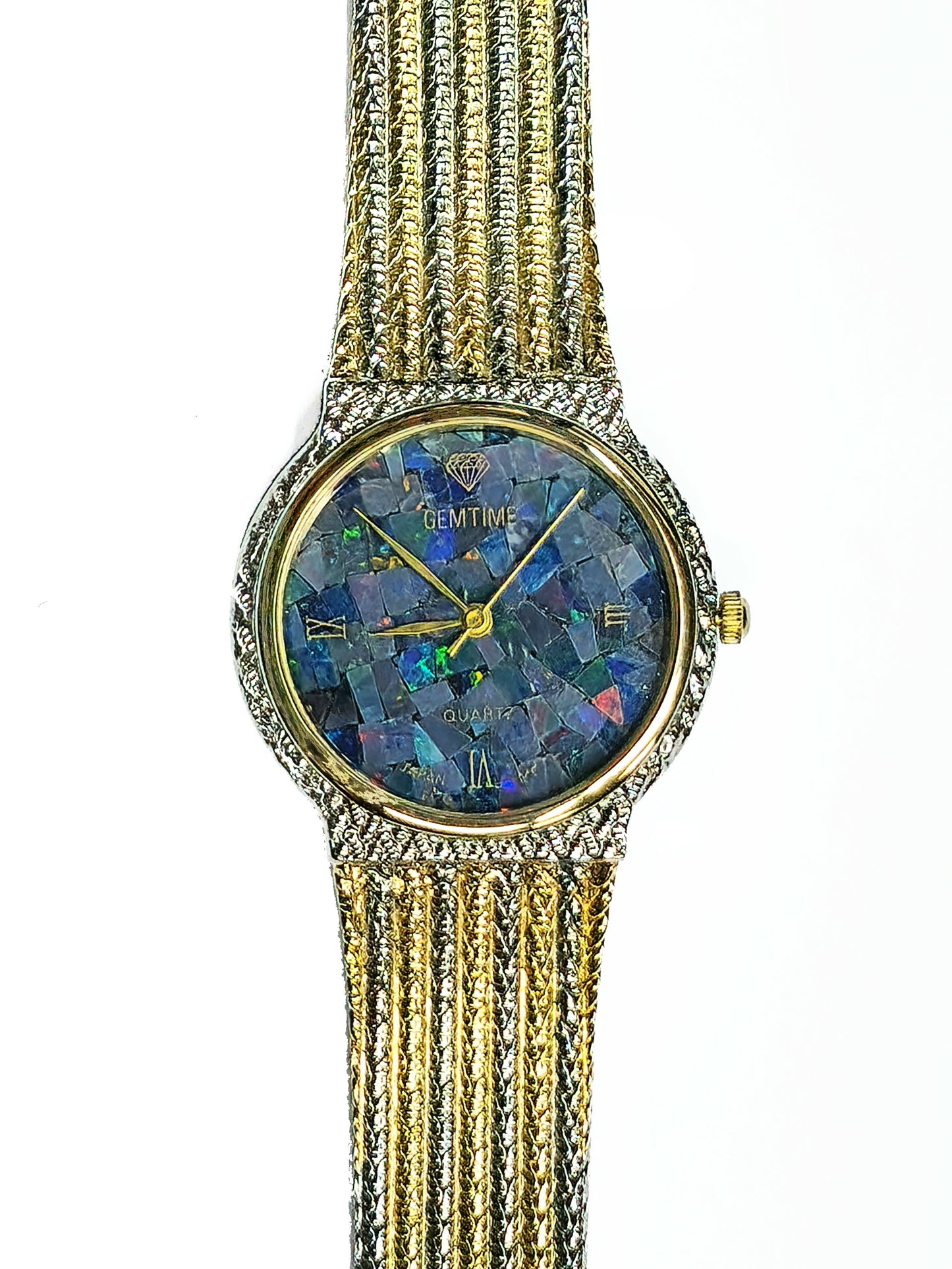 03539.0 - 32 mm "GEMTIME" Opal Watch with Natural Australian Opal 4 Roman numbers Gold and Silver metal band Japanese movement