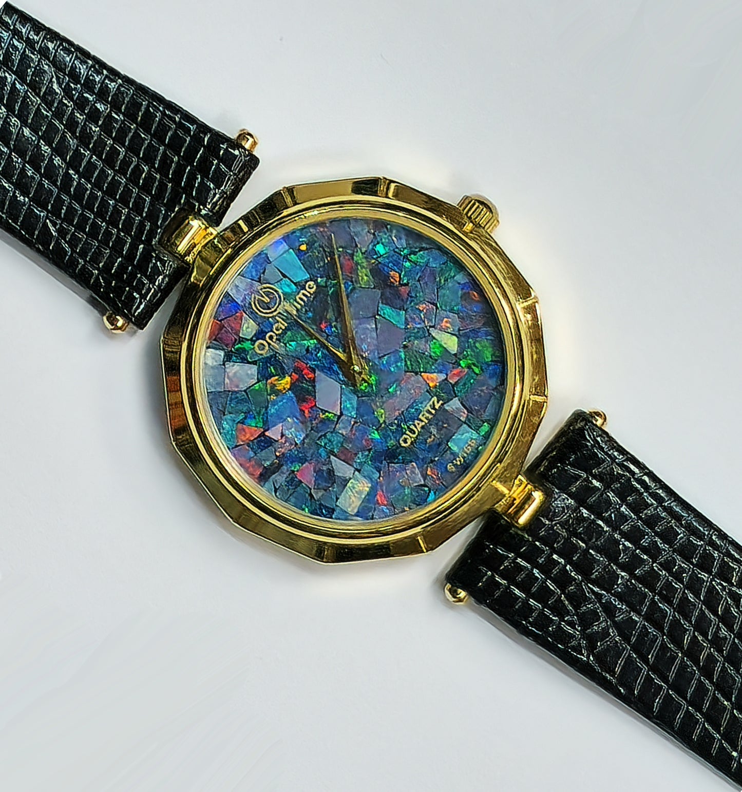03680.0 - "Opal Time" Watch Natural Australian Opal No numbers No seconds hand Gold color Black leather band Japanese movement
