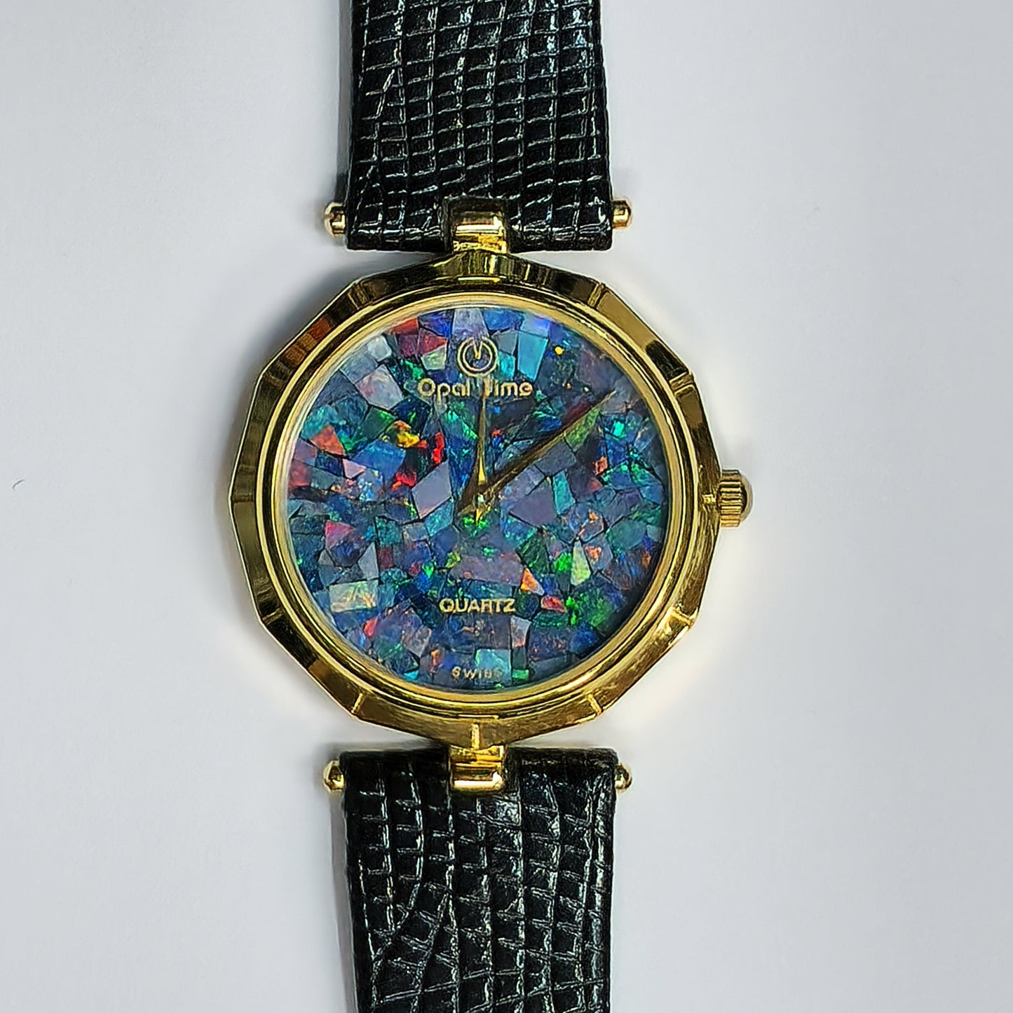 03680.0 - "Opal Time" Watch Natural Australian Opal No numbers No seconds hand Gold color Black leather band Japanese movement