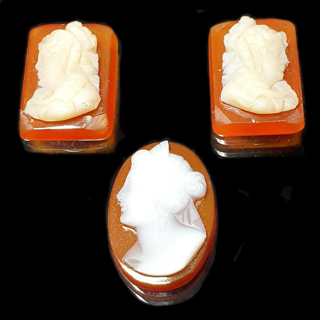 52264 - Stone Cameo Set of One Rectangle Pair and One Oval with Lady's Motif