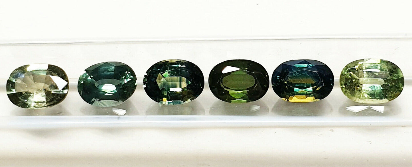 52210 - 6 Australian Oval Sapphires 1 ct Each, Teal, Green, Yellow, Parti Colour