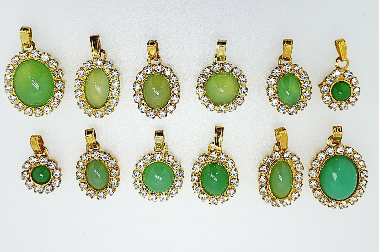 52049 - 10 Gold Plated Pendants Natural Australian Chrysoprase and Rhinestones