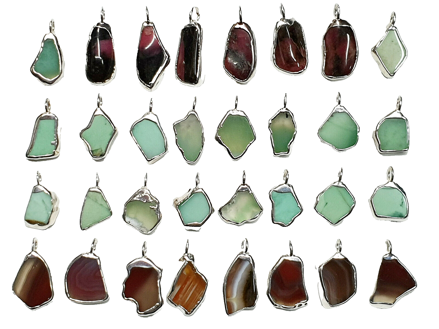 52056 - Pure Silver Australian Agate, Chrysoprase & Rhodonite Gemstone Pendants