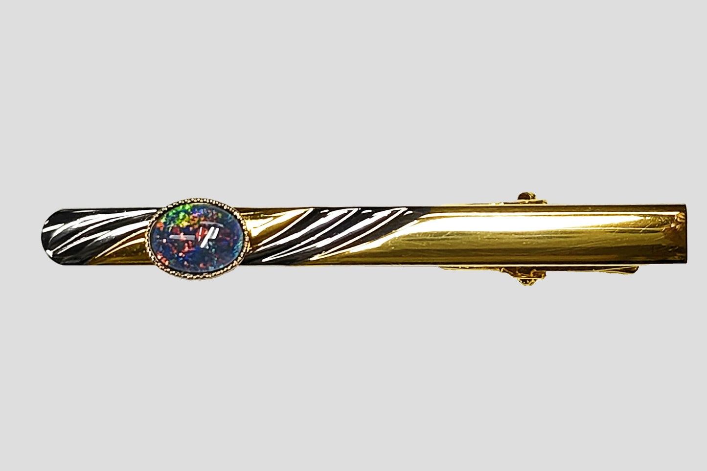 04214.0 - One Two Tone Coloured Tiebar Set with One 8 x 6 mm Oval Cut Opal Triplet Made with Natural Australian White Opal from Coober Pedy