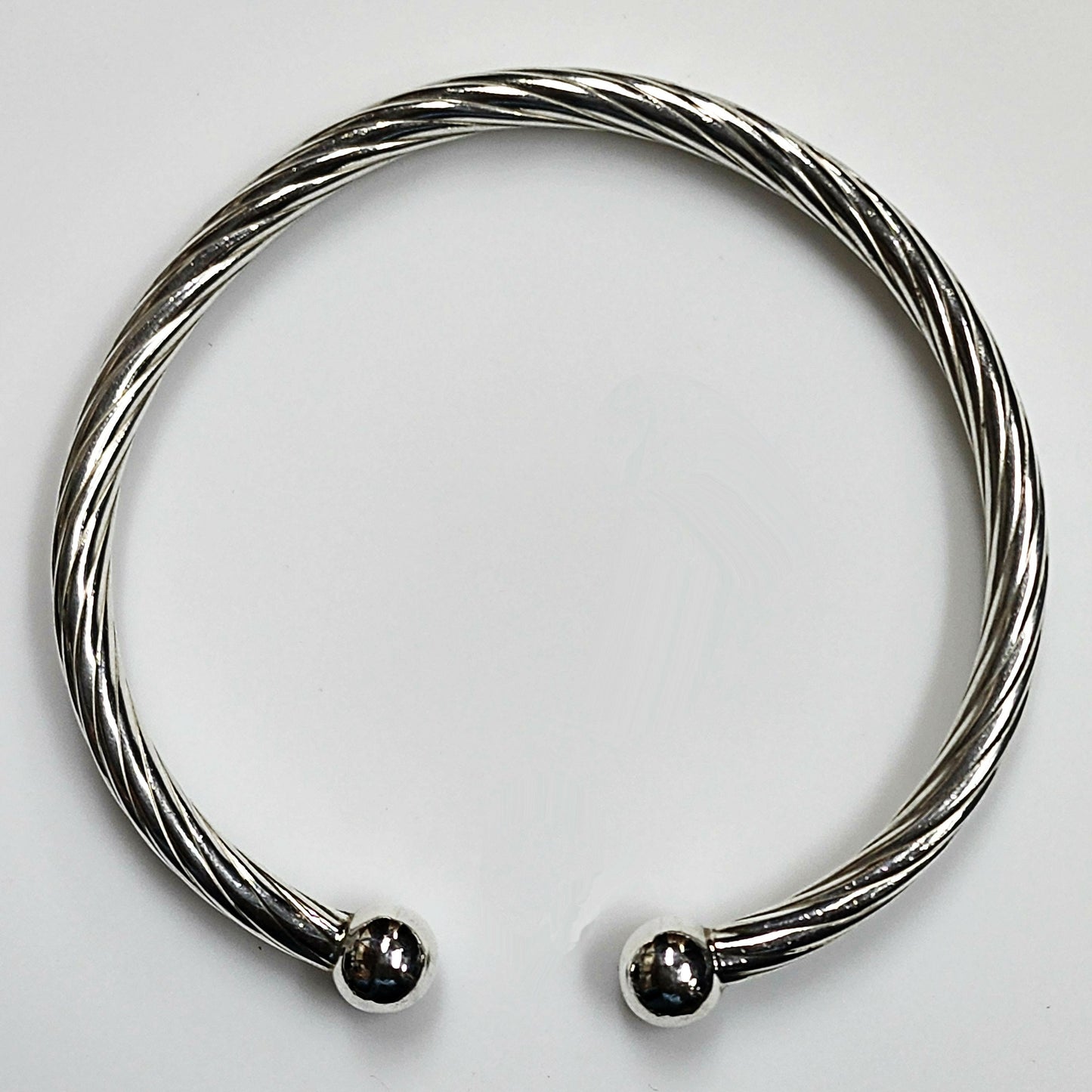11914.0 - Sterling Silver Twisted 5 mm Tube Cuff Bangle with Ball at each end 66 mm Internal Diameter 11.3 grams