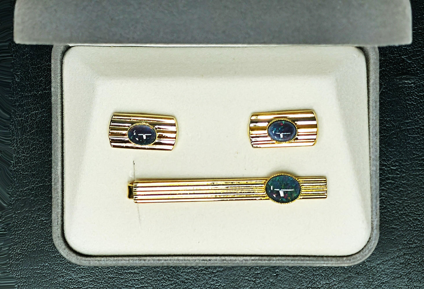 54163.0 - Choice of four sets of Gold Plated Pair of Cuff Links and Tie Bar Set with genuine Australian Opal Triplets made from Natural Opal