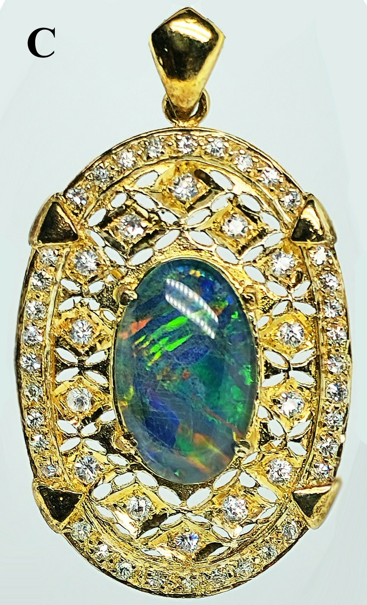 02915.0 - 45 mm Sterling Silver Gold Plated Filigree style Combination Pendant and Brooch Set with Natural Australian Opal Triplet and CZ