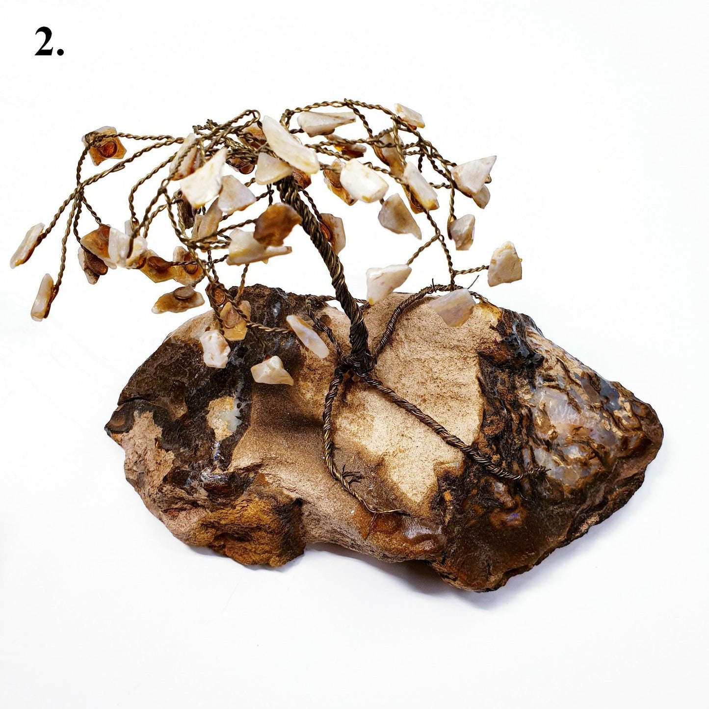 00001.0 - One Lot of 9 Twisted Wire Trees with White Opal Chips on Boulder Opal Sizes ranging from 50 to 150 mm and height from 50 to 100 mm