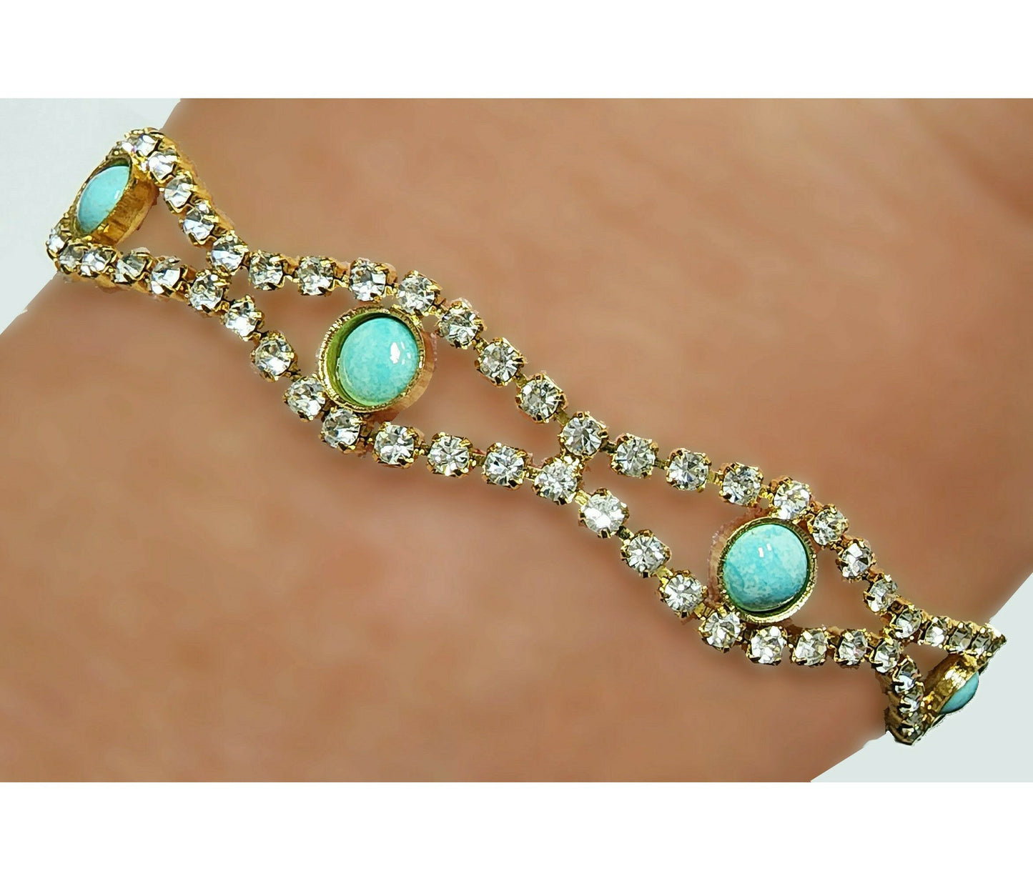 53649.0 - Rhinestone Bracelet with 7 Round Cut Natural non-treated rare Australian Turquoise for sale in either 16.5 cm or 18.5 cm length