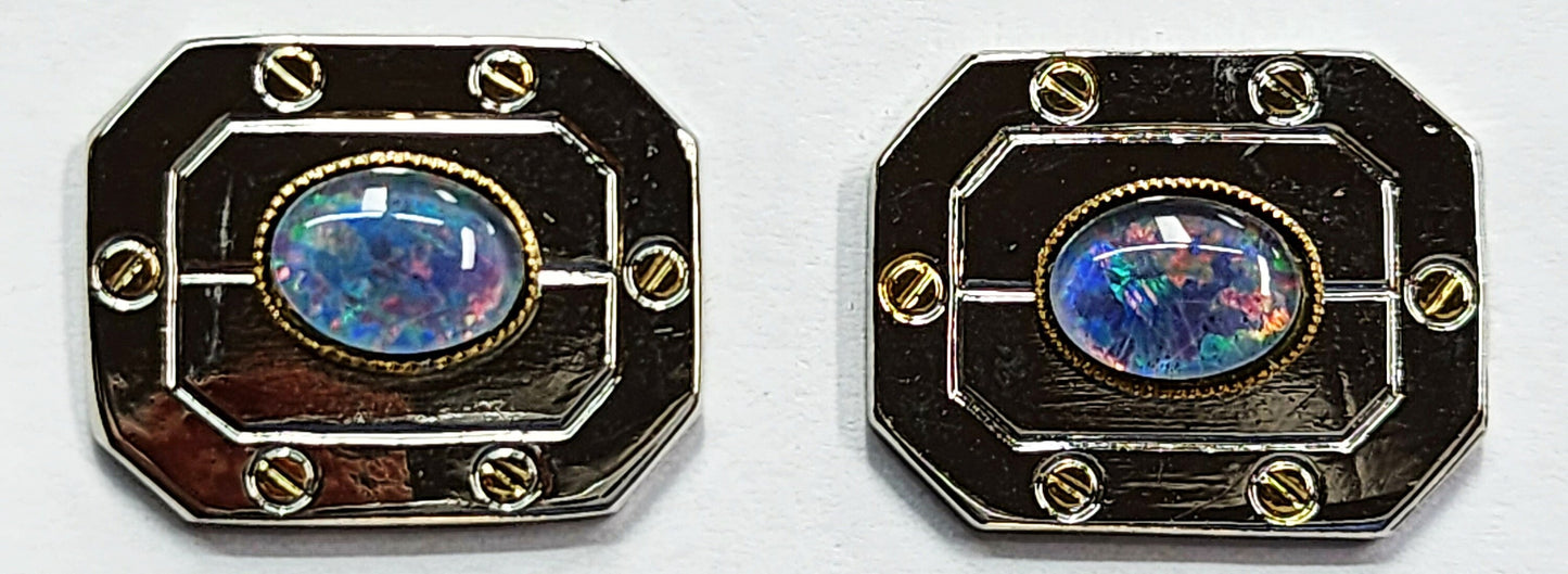 01690.0 - White and Gold Plated Pair of Opal Triplet Cuff Links, 8 x 6 mm Australian Opal Triplet Birthday Christmas or Father's day gift
