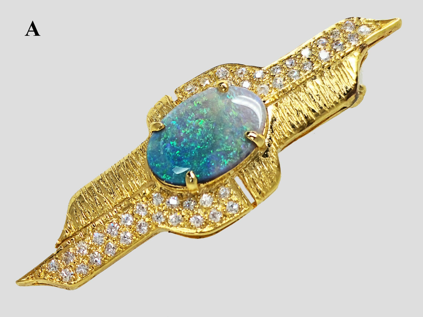 04323.0 - Sterling Silver Gold Plated Brooch Set with 16 x 10 mm White Opal OR solid Semi-Black Opal and CZ in various qualities and prices