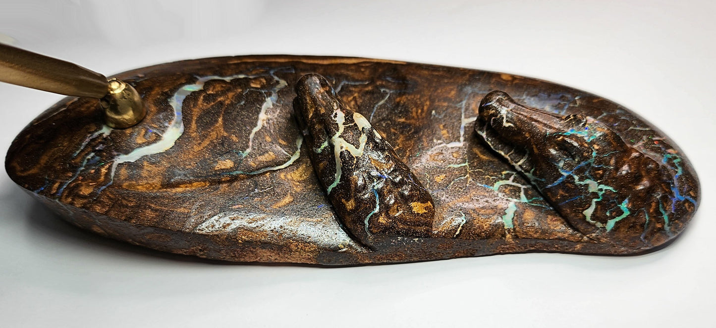 04938.0 - Boulder Opal Carving One pen desk set with two crocodiles on the river bank Opal runs throughout the whole piece