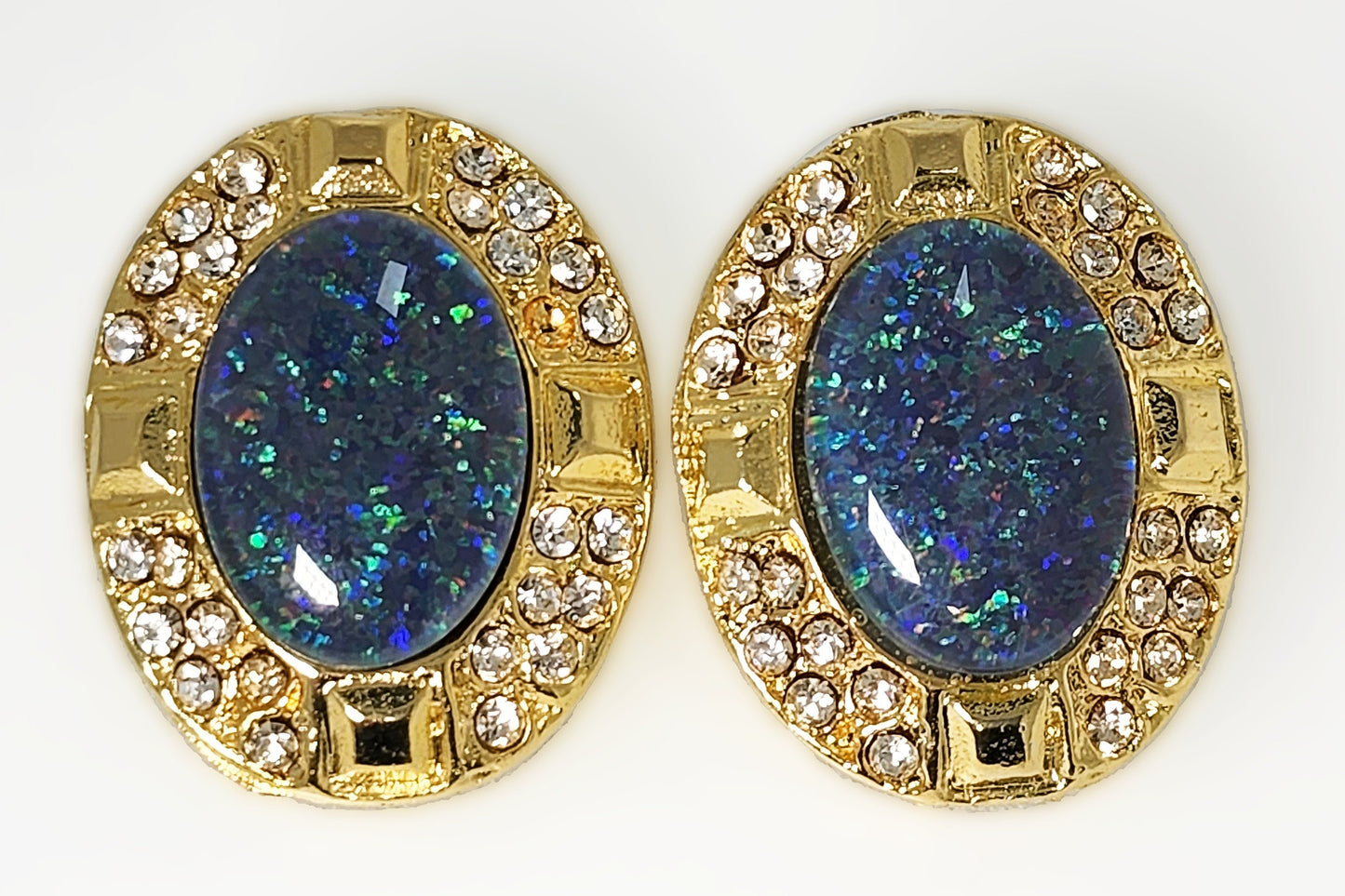 09428.0 - Large Gold plated Clip-on earrings for sale Set with 18 x 13 mm Natural Australian made Opal Triplet surrounded with Rhinestones