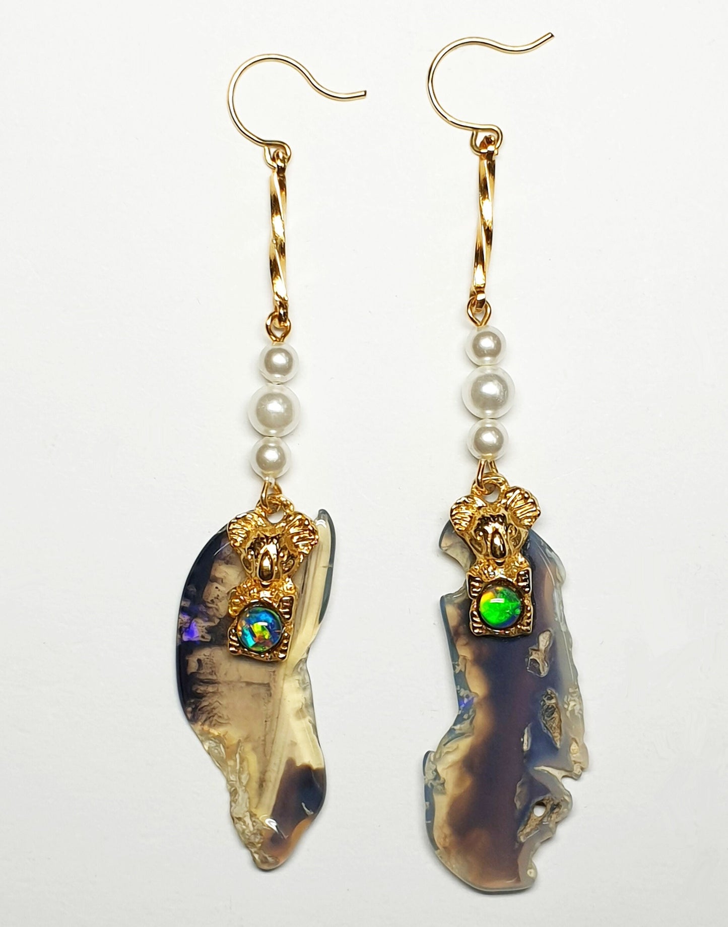 52244.0 - Sheppard Hook Earrings Sterling Silver Hard Gold Plated with Opal Triplet in Koala, Imitation Pearls sliced Australian Black Opal