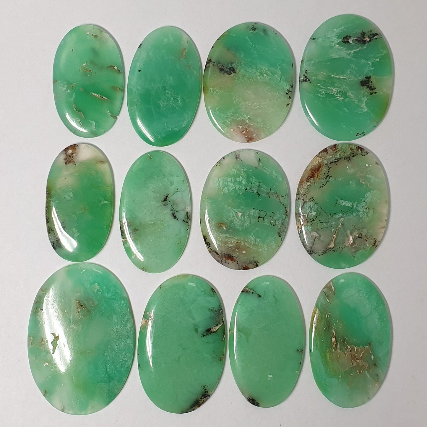 53531.0 - 4 lots with 3 pieces each of Natural Australian Oval Cut Cabochon Chrysoprase Size from 35 x 21 mm to 46 mm x 33mm Large but thin