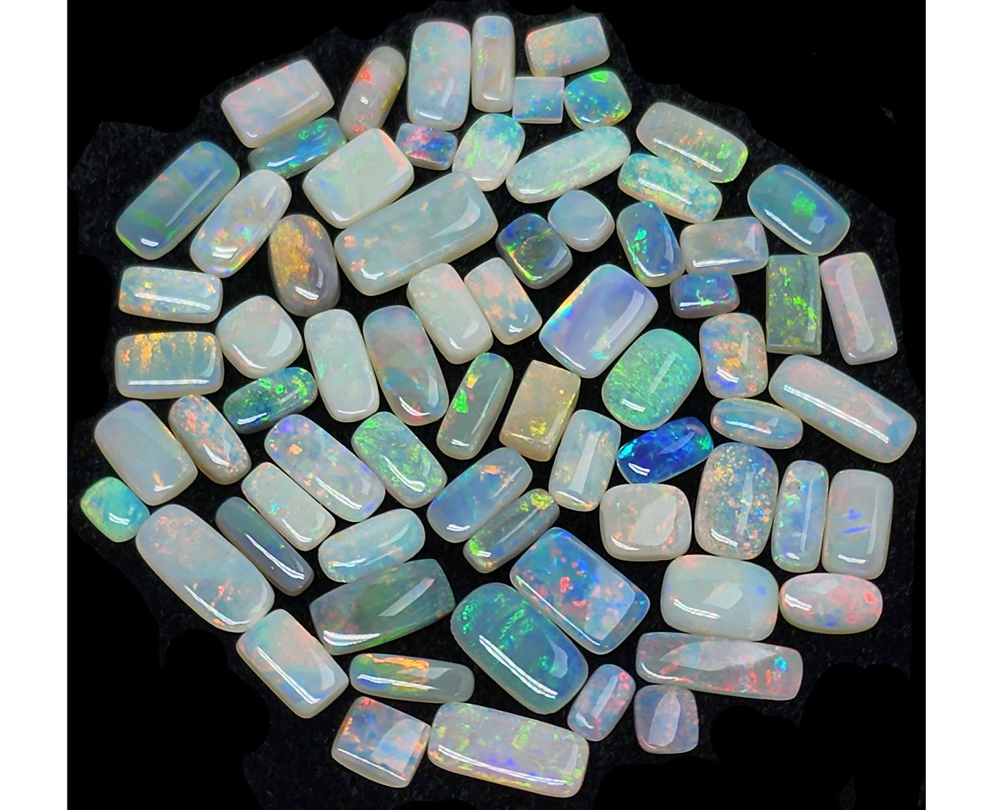 53952.0 - One Wholesale Lot of 70 Pieces Mixed Sizes and Mixed Qualities Australian Cushion and Baguette Cut Solid White Opal 37.31 Carats