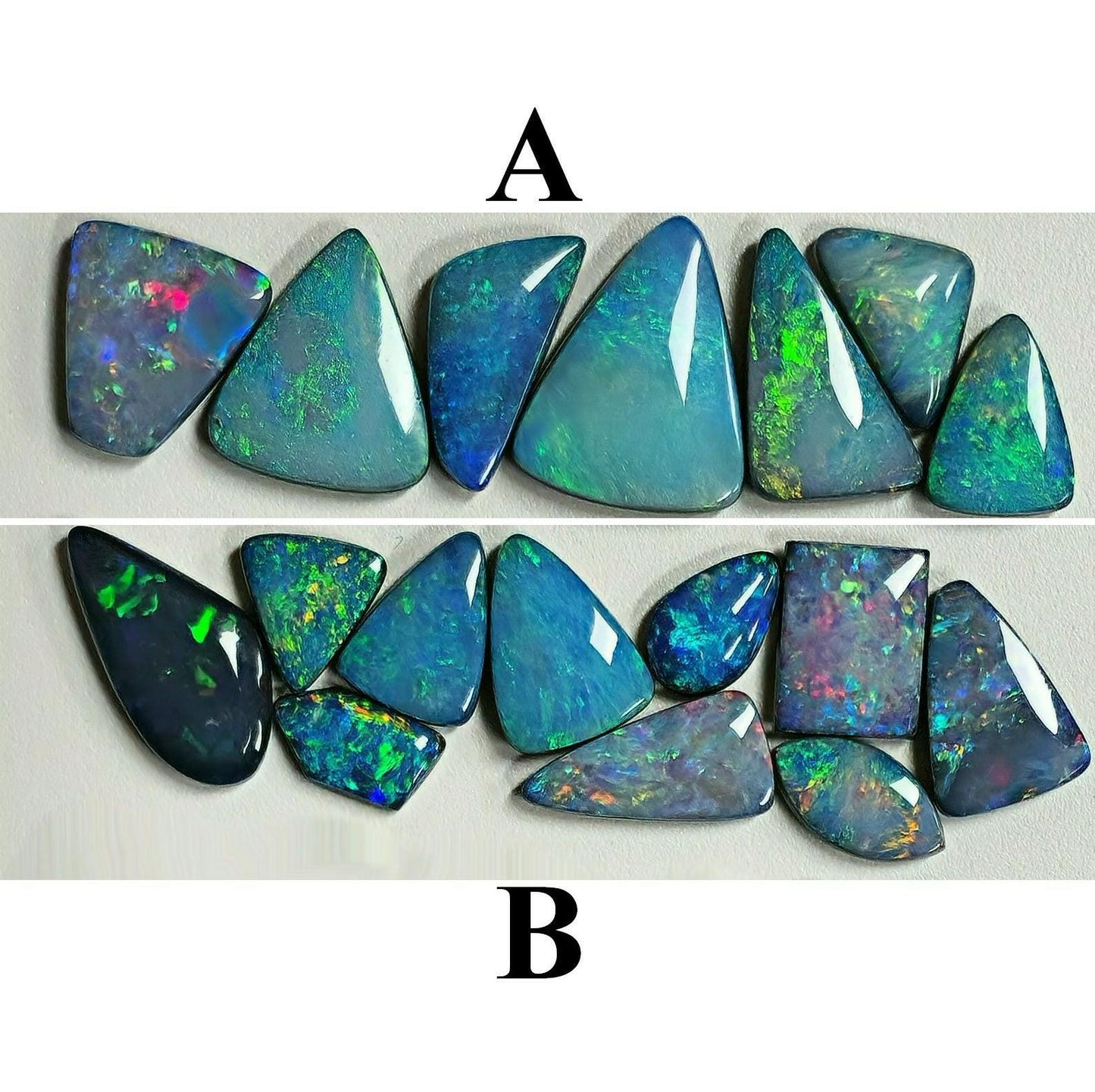 54073.0 - Unusual shaped Opal Doublets Made in Australia from Natural Australian Opal Lot A is 7 pcs 32.29 cts, Lot B is 10 pcs 26.98 cts