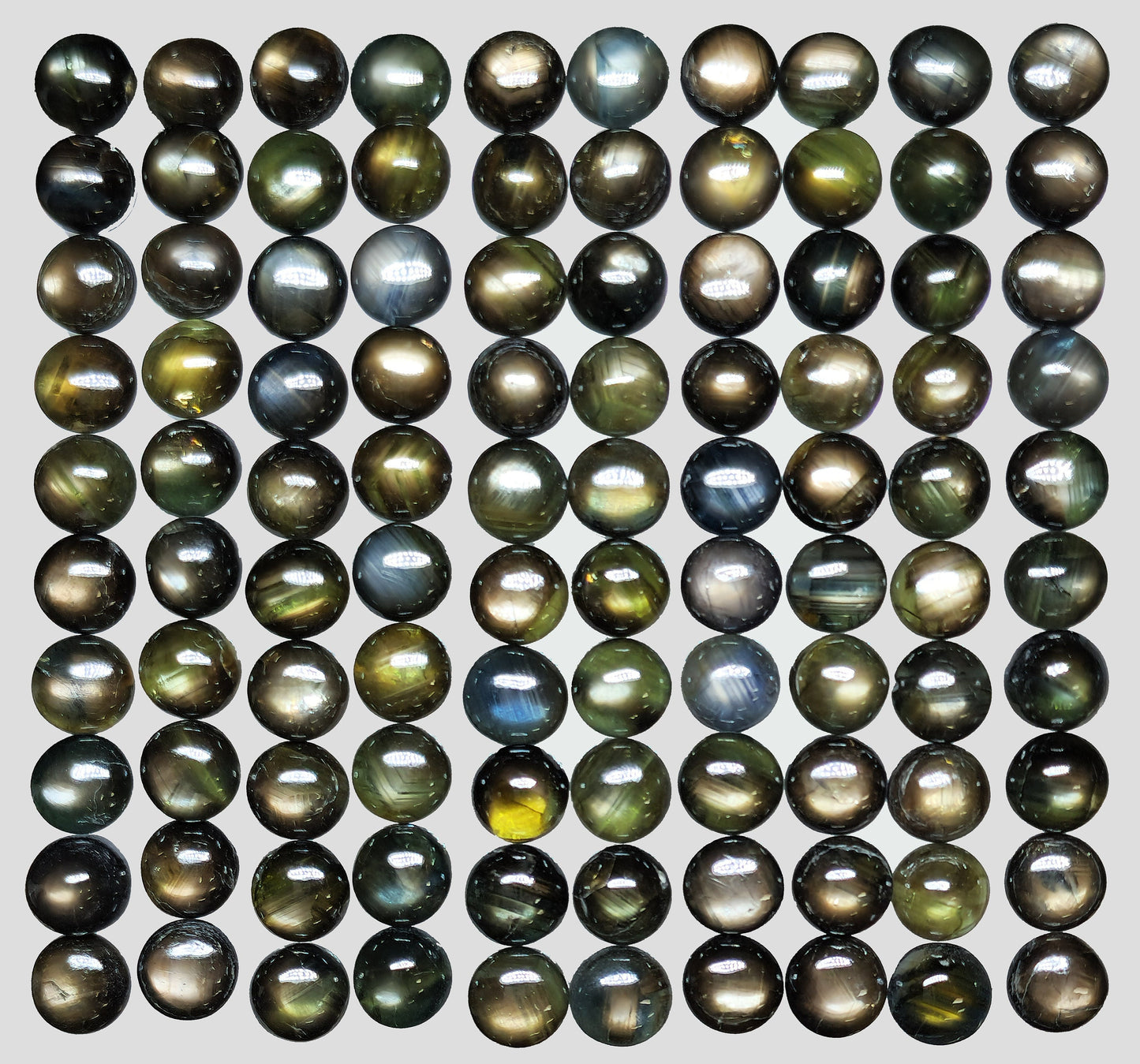 54146.0 - Omtrent 6 mm rundkuttet australske stjerne eller blanke safirer i BLANDE farger inkludert gråaktig, gulaktig, brunaktig og svartaktig.