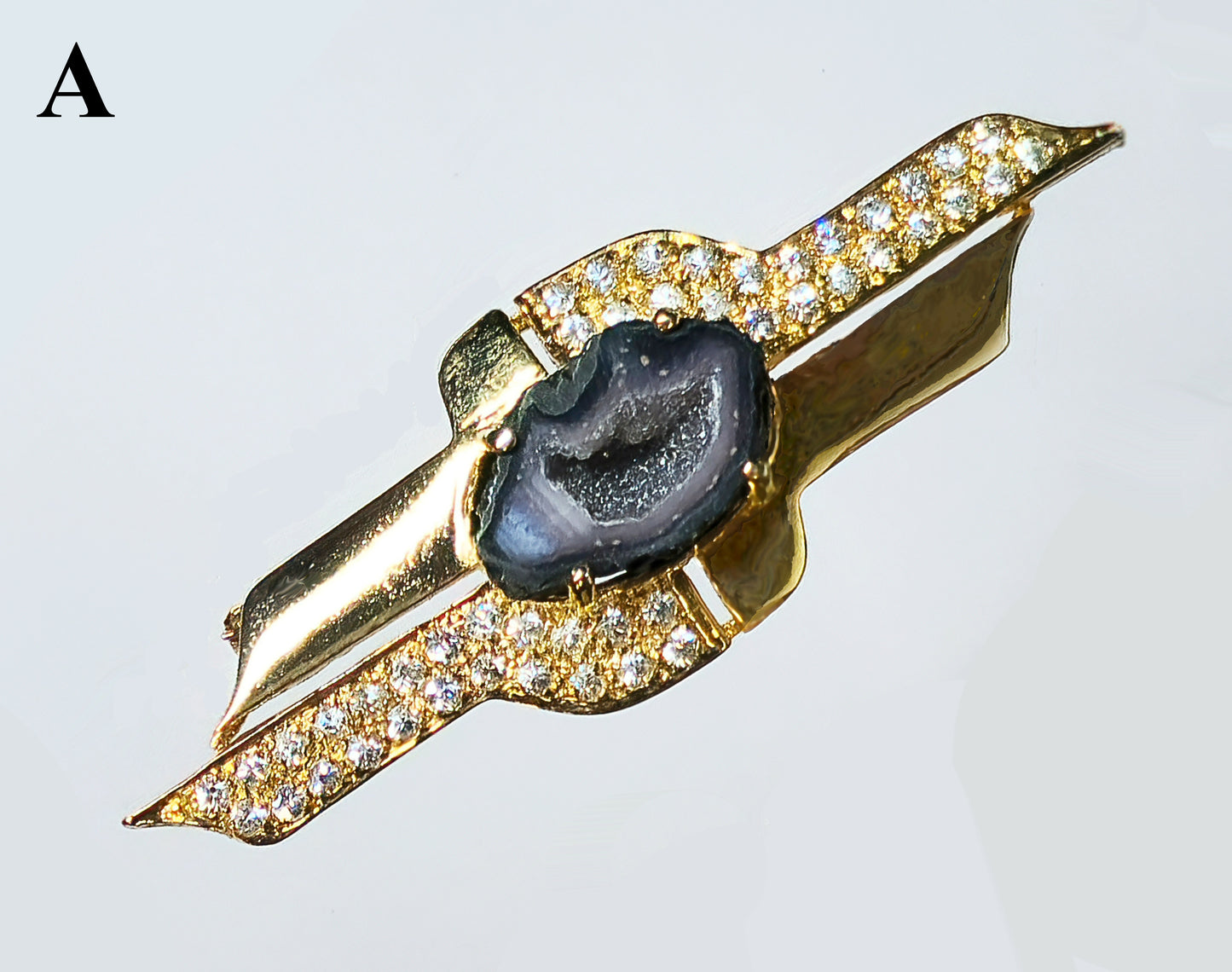 03600. Druzy Agate and CZ in Gold Plated Sterling Silver Brooch