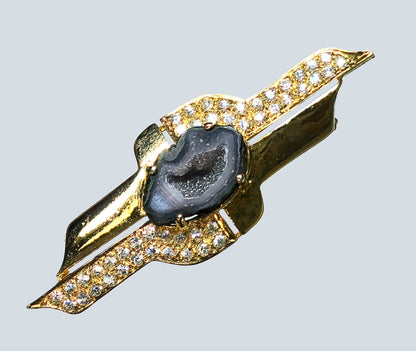 03600. Druzy Agate and CZ in Gold Plated Sterling Silver Brooch