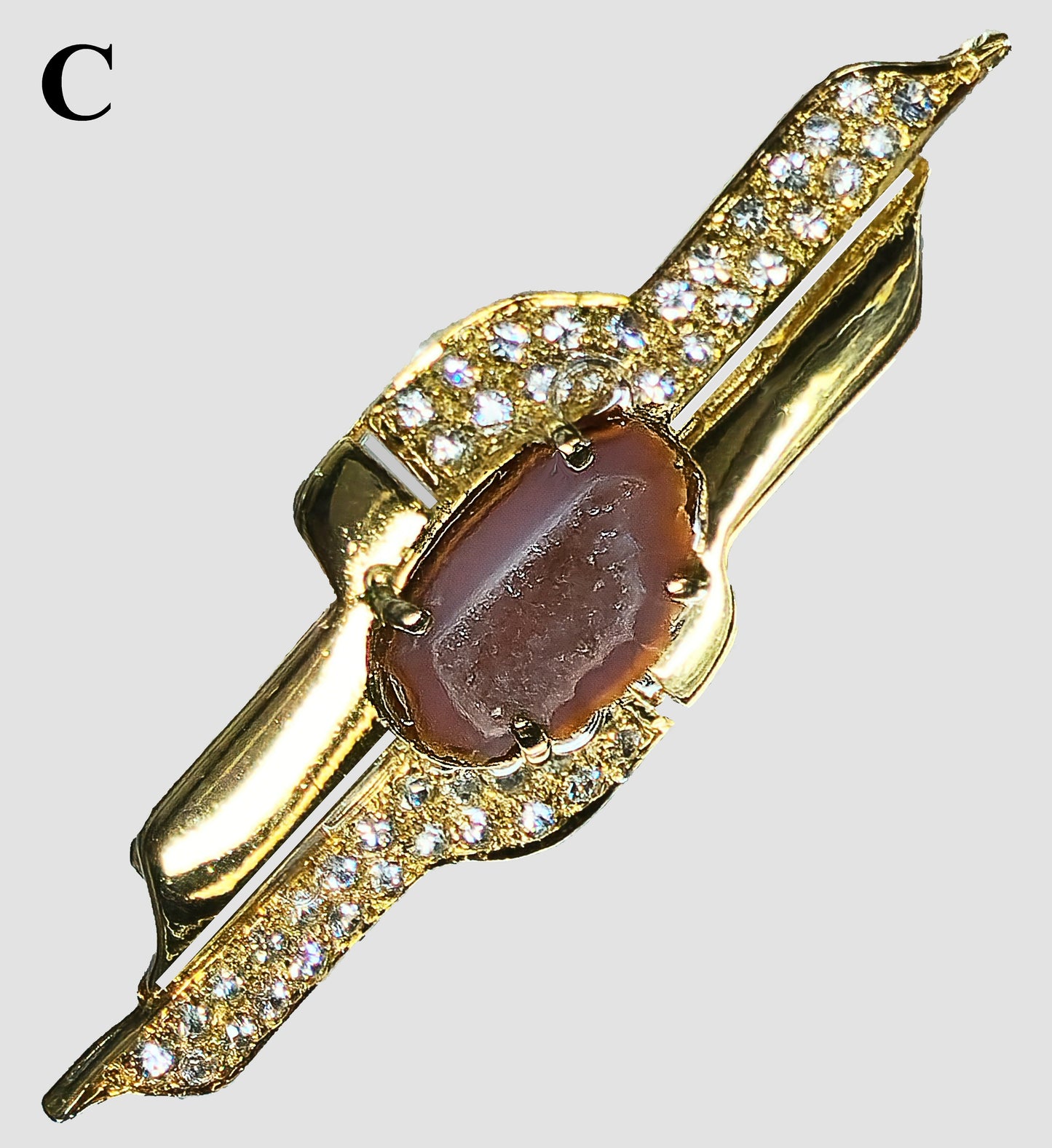03600. Druzy Agate and CZ in Gold Plated Sterling Silver Brooch
