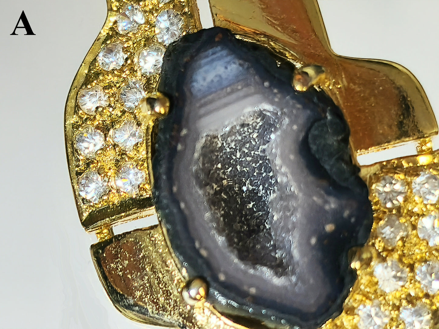 03600. Druzy Agate and CZ in Gold Plated Sterling Silver Brooch