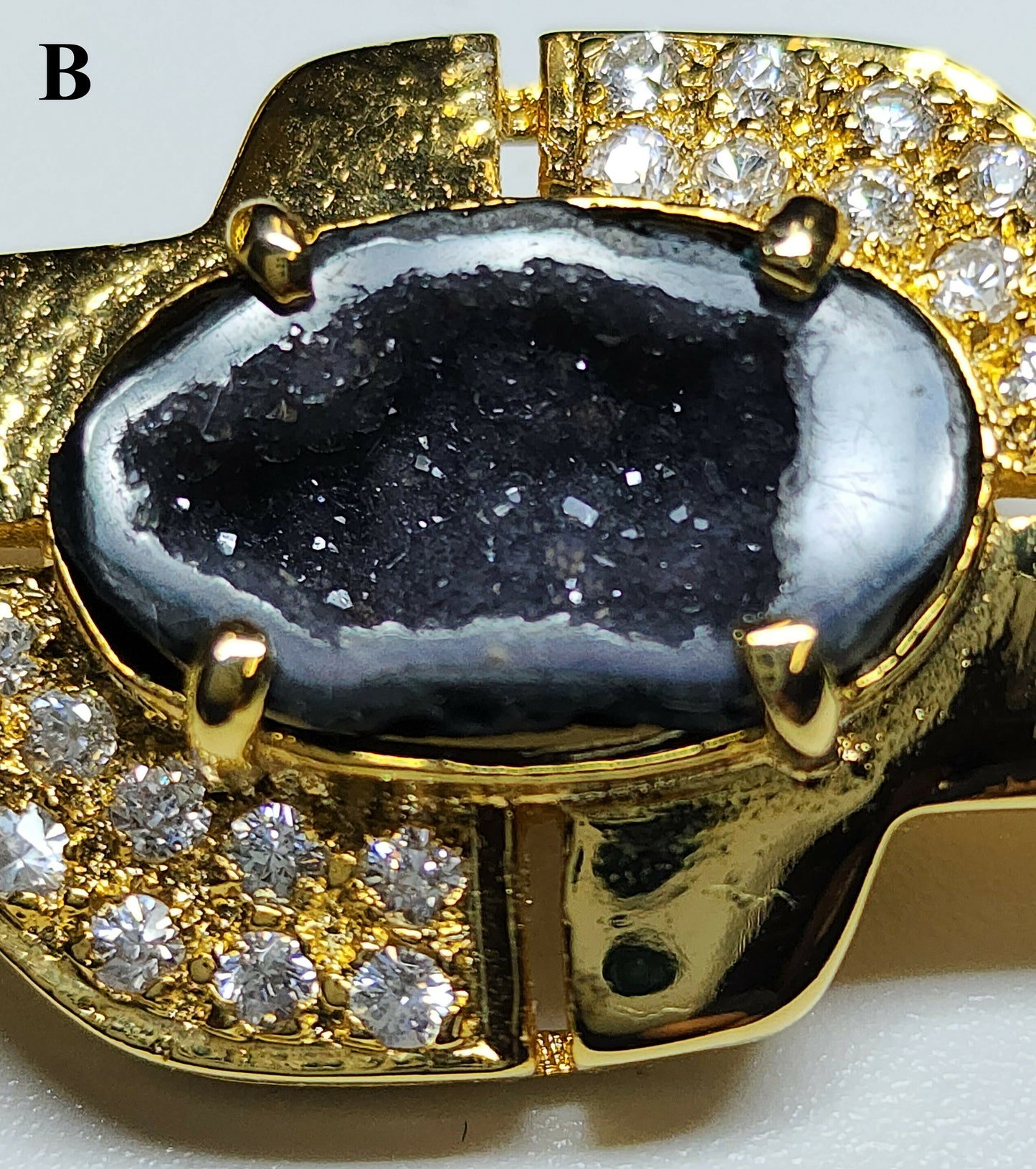 03600. Druzy Agate and CZ in Gold Plated Sterling Silver Brooch