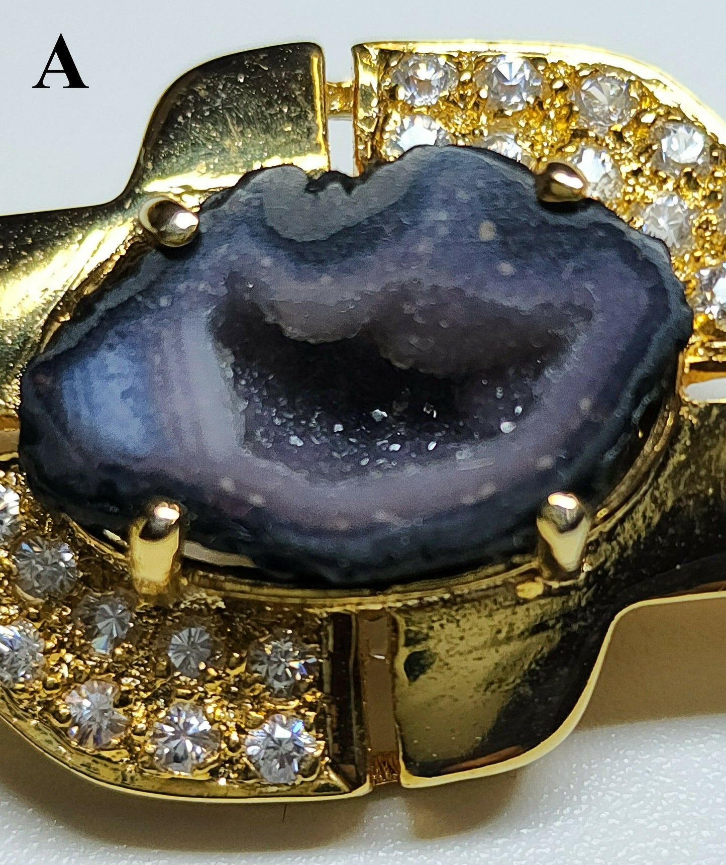 03600. Druzy Agate and CZ in Gold Plated Sterling Silver Brooch