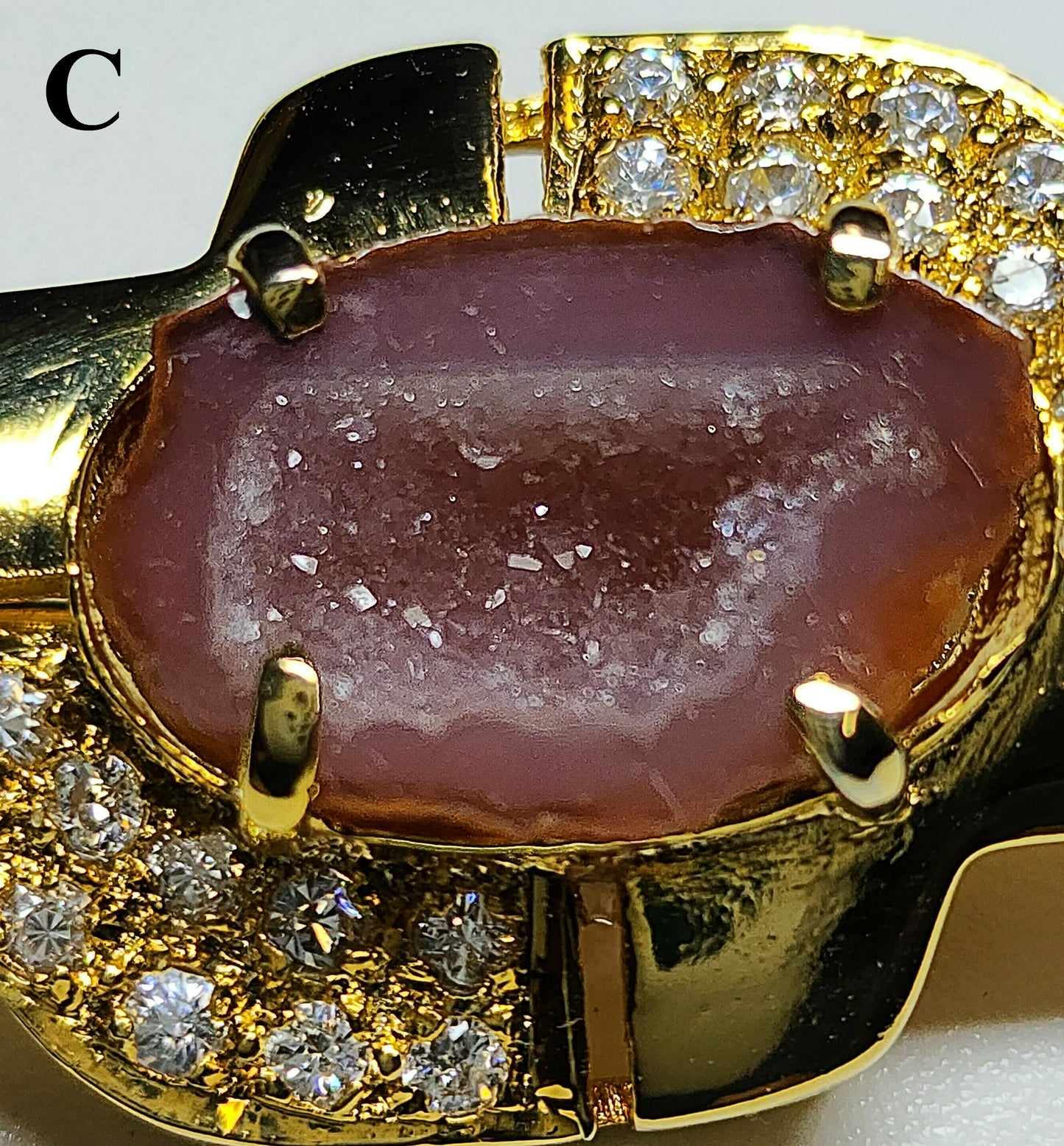 03600. Druzy Agate and CZ in Gold Plated Sterling Silver Brooch