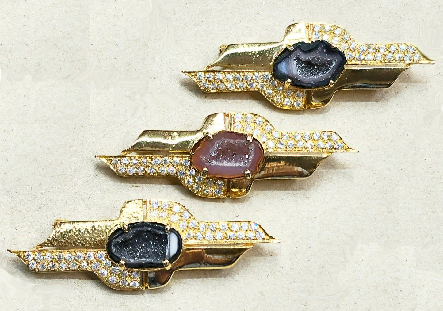03600. Druzy Agate and CZ in Gold Plated Sterling Silver Brooch