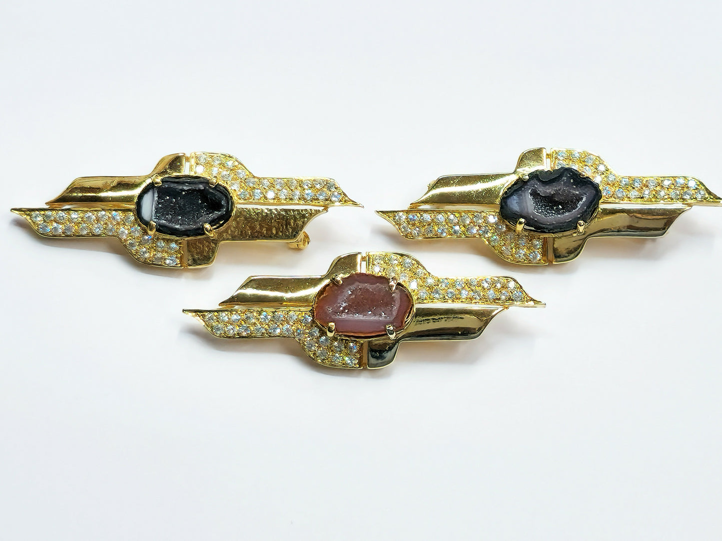 03600. Druzy Agate and CZ in Gold Plated Sterling Silver Brooch