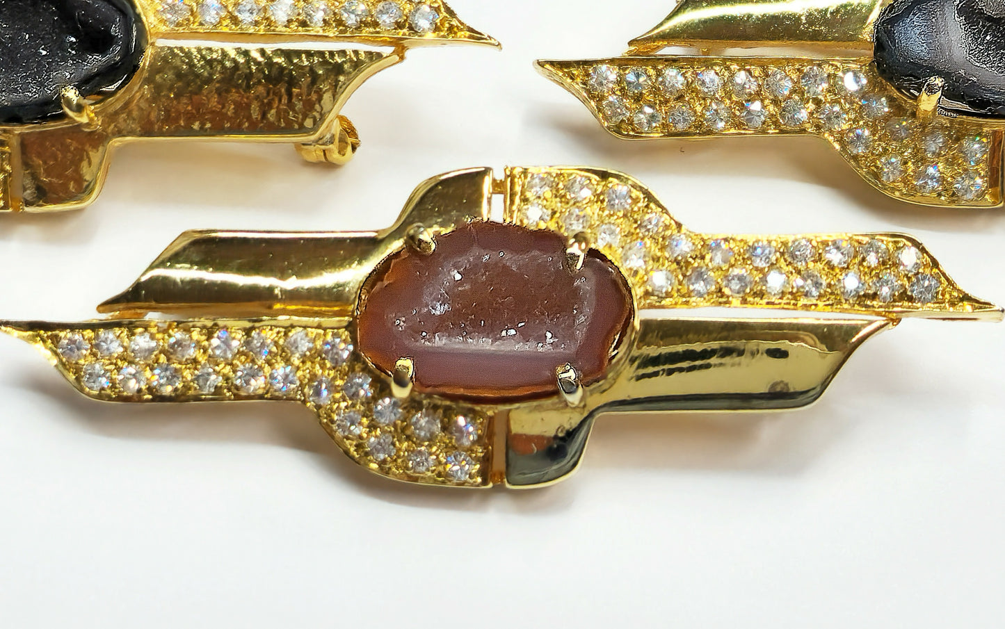 03600. Druzy Agate and CZ in Gold Plated Sterling Silver Brooch