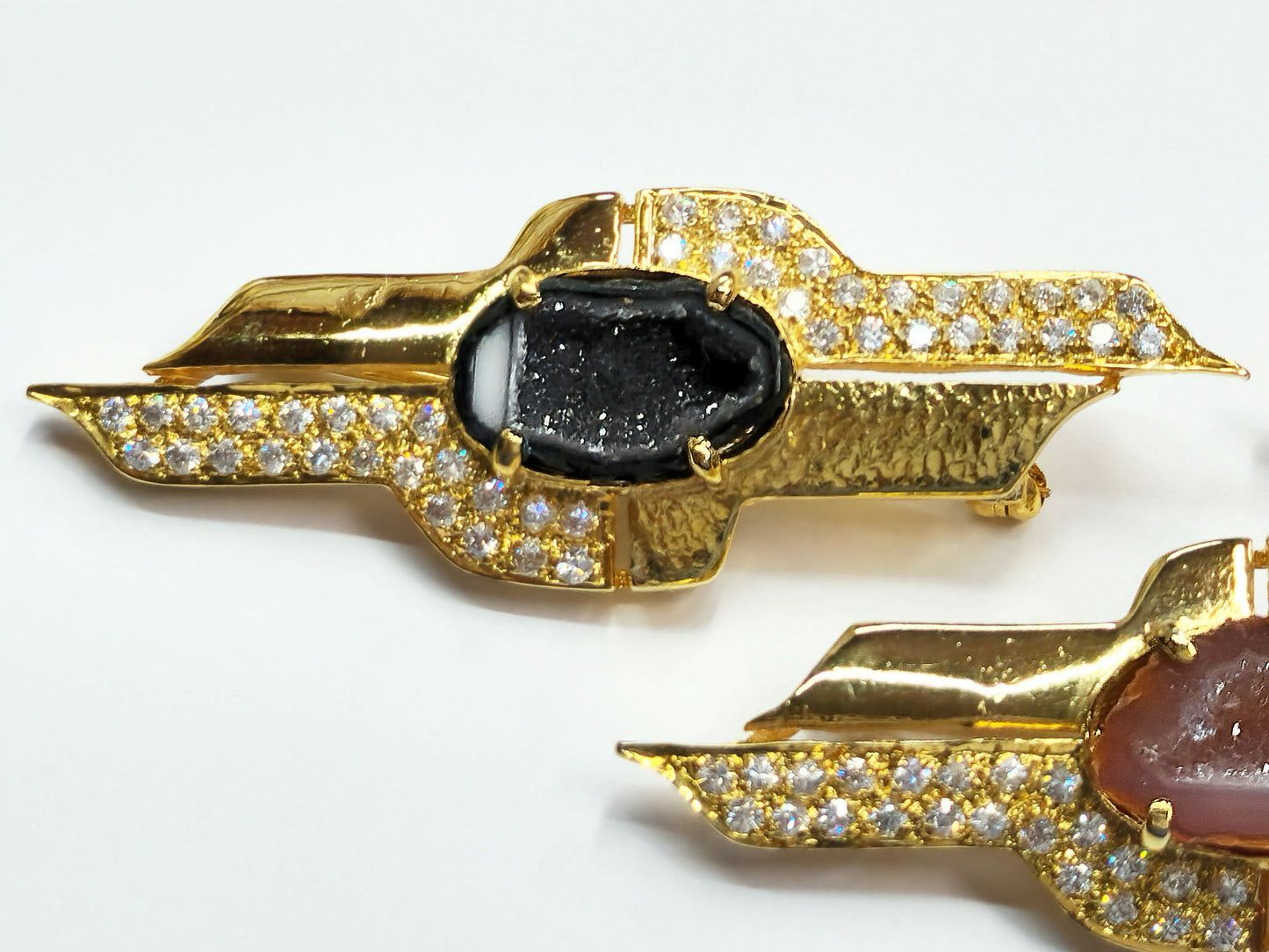 03600. Druzy Agate and CZ in Gold Plated Sterling Silver Brooch