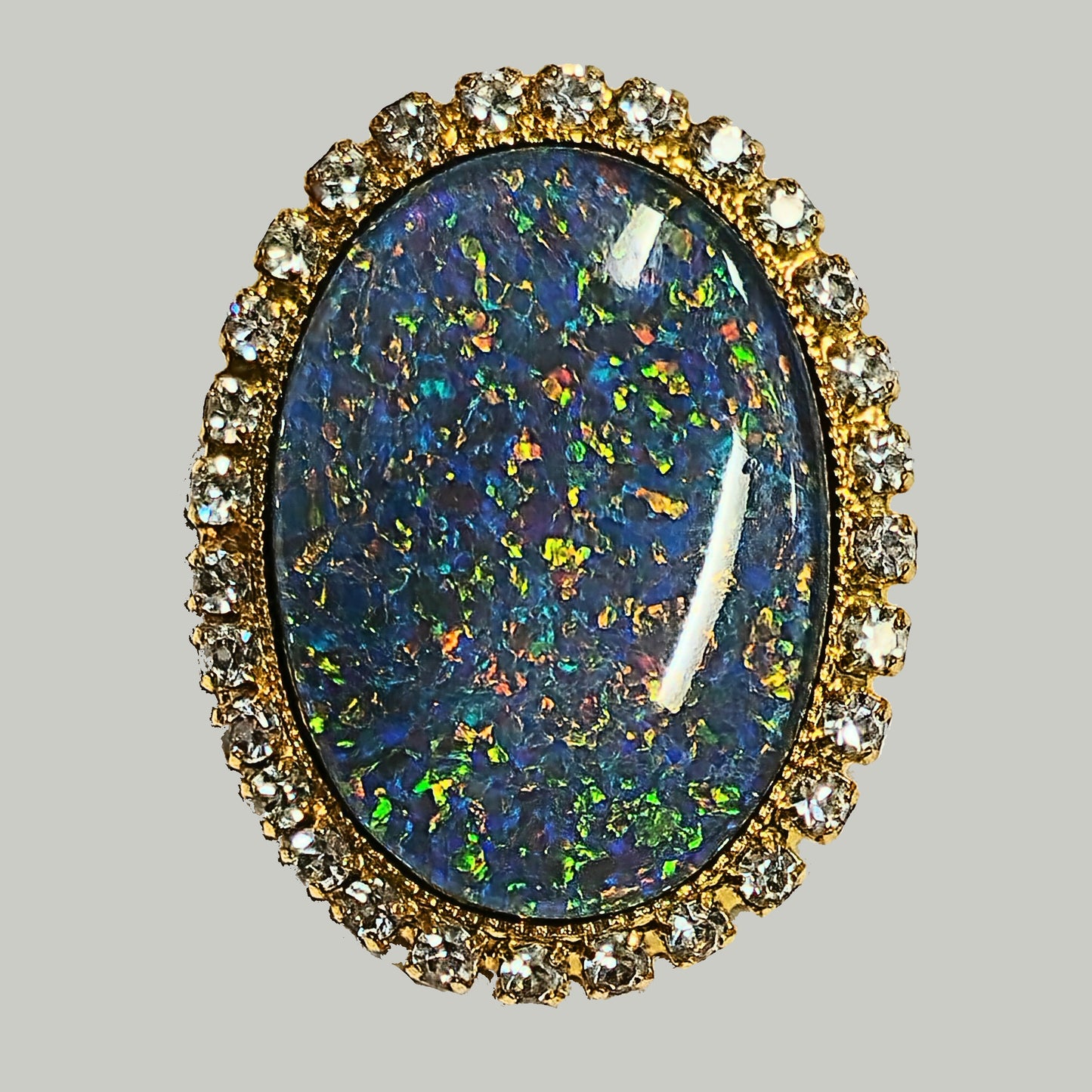 53662. Gold plated Brooch, with Swarovski Rhinestones, Large Size 25 x 18 mm Oval Cut Australian Opal Triplet