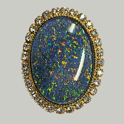 53662. Gold plated Brooch, with Swarovski Rhinestones, Large Size 25 x 18 mm Oval Cut Australian Opal Triplet