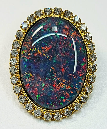 53662. Gold plated Brooch, with Swarovski Rhinestones, Large Size 25 x 18 mm Oval Cut Australian Opal Triplet