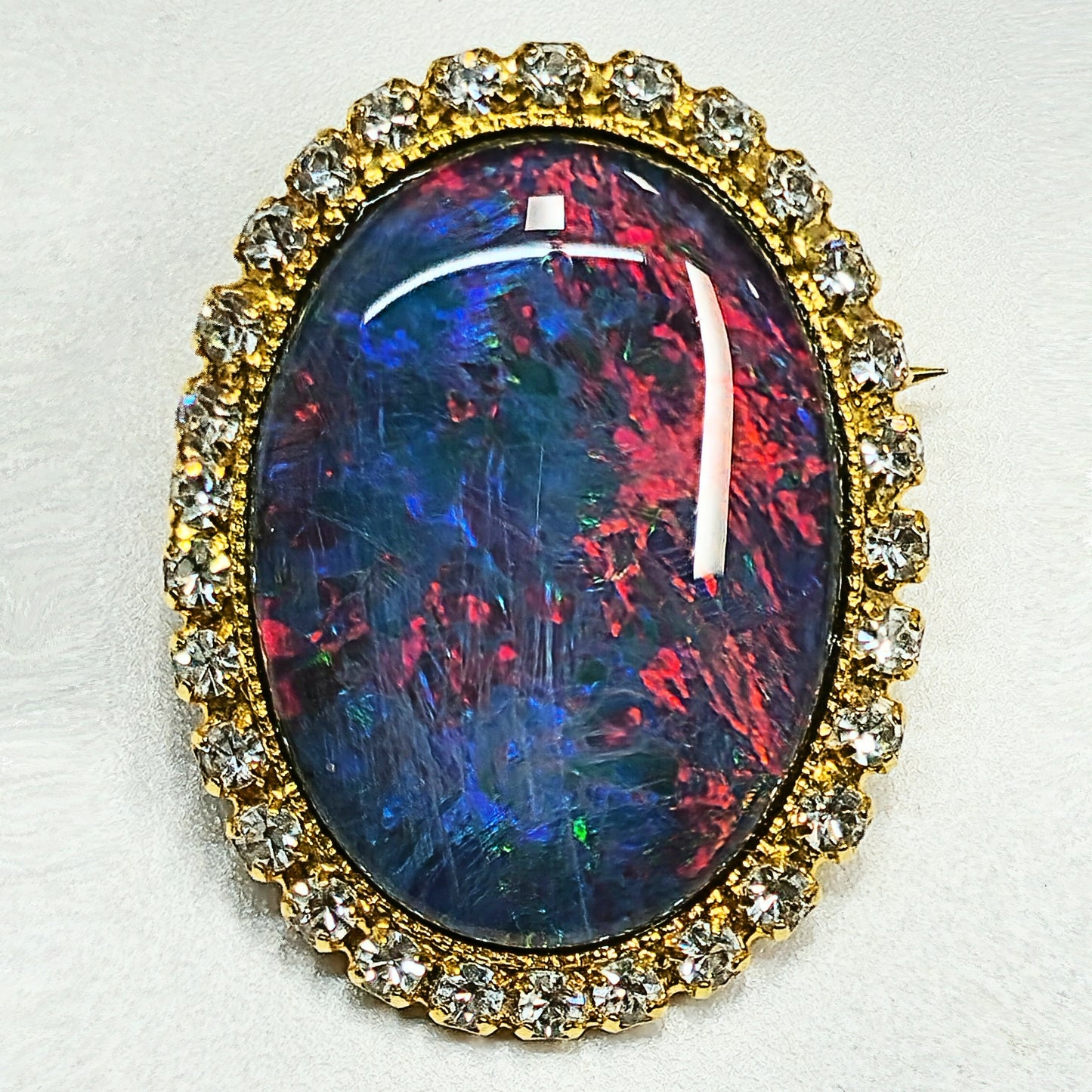 53662. Gold plated Brooch, with Swarovski Rhinestones, Large Size 25 x 18 mm Oval Cut Australian Opal Triplet