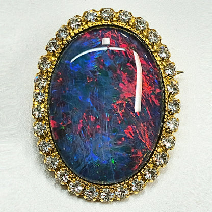 53662. Gold plated Brooch, with Swarovski Rhinestones, Large Size 25 x 18 mm Oval Cut Australian Opal Triplet