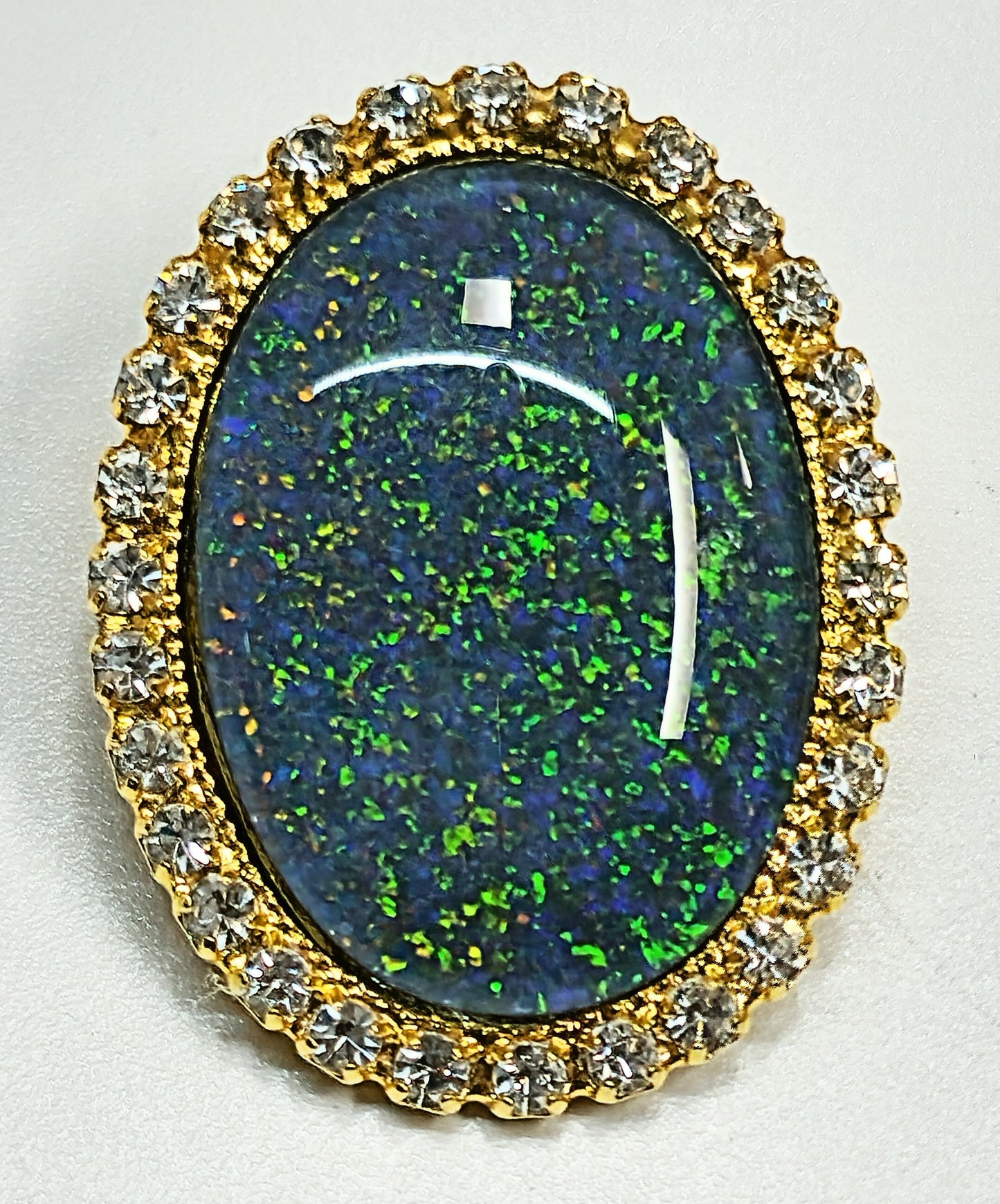 53662. Gold plated Brooch, with Swarovski Rhinestones, Large Size 25 x 18 mm Oval Cut Australian Opal Triplet