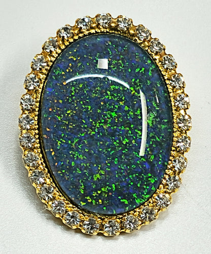 53662. Gold plated Brooch, with Swarovski Rhinestones, Large Size 25 x 18 mm Oval Cut Australian Opal Triplet