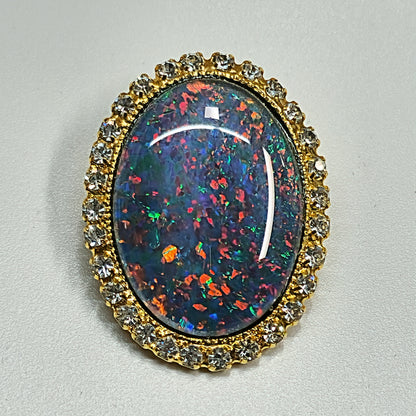 53662. Gold plated Brooch, with Swarovski Rhinestones, Large Size 25 x 18 mm Oval Cut Australian Opal Triplet