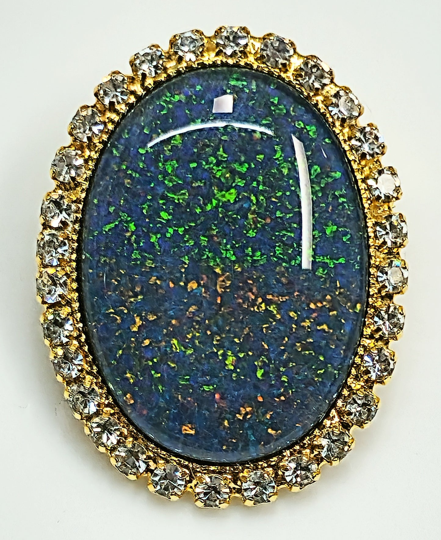 53662. Gold plated Brooch, with Swarovski Rhinestones, Large Size 25 x 18 mm Oval Cut Australian Opal Triplet