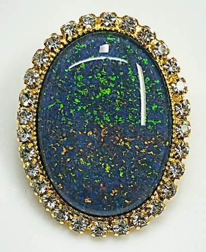 53662. Gold plated Brooch, with Swarovski Rhinestones, Large Size 25 x 18 mm Oval Cut Australian Opal Triplet