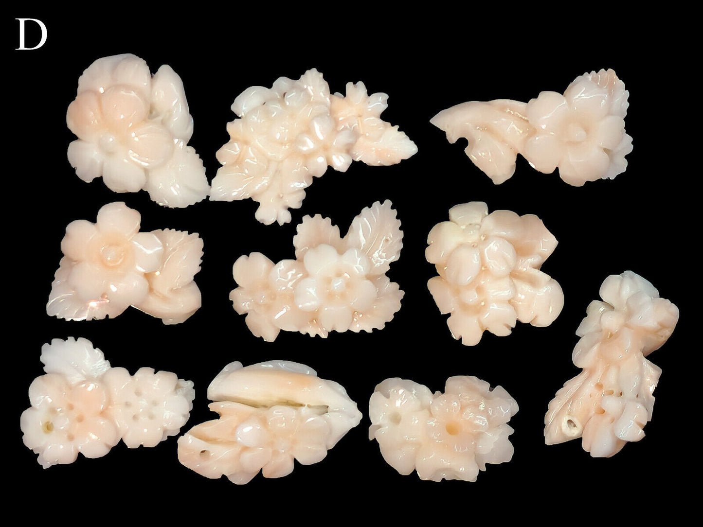 54185.- 10 pcs Carved Light Pink Natural Taiwan Coral 56.67 carats 10-30 mm high