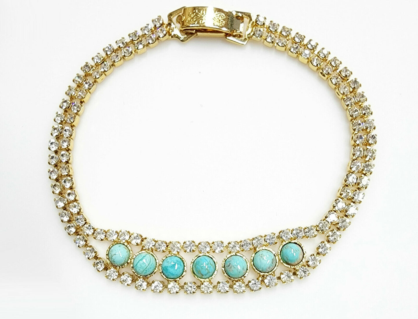 53636 - Diamond Imitation Gold Plated Bracelet with NATURAL Turquoise 16.5 cm