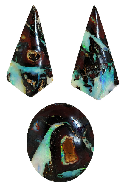 53466 -    3 Unusal Boulder Opals Matching Drop Earrings plus Large Oval Pendant