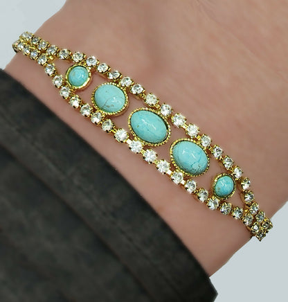 53650- Rare NATURAL Australian Turquoise in Swarovsli Rhinestone Chain Bracelet