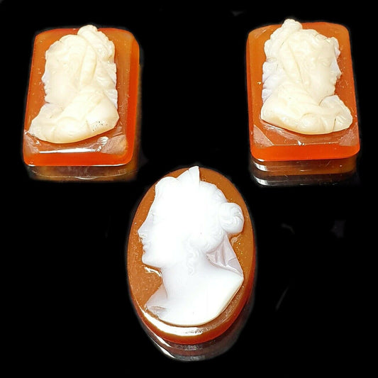 52264 - Stone Cameo Set of One Rectangle Pair and One Oval with Lady's Motif